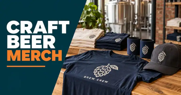 Navy brewery T-shirt, charcoal cap and stubby holders with matching hop designs beside a “Craft Beer Merch” headline.