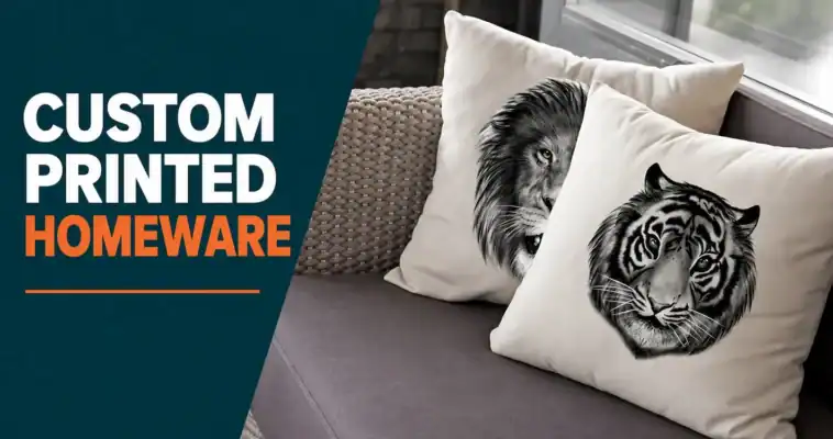 Cream cushion covers with black-and-white lion and tiger prints on a woven sofa beside a “Custom Printed Homeware” headline.