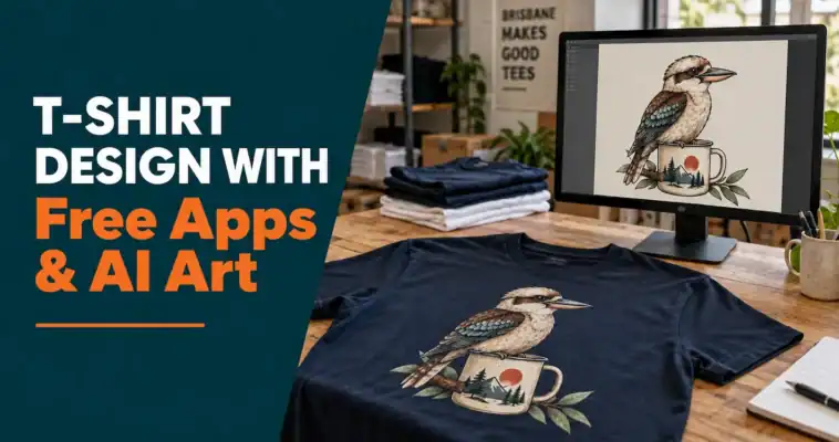 Kookaburra artwork on a computer screen and navy T-shirt beside the headline “T-Shirt Design with Free Apps & AI Art”.