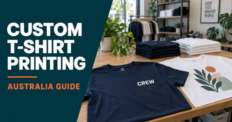 Navy crew T-shirt and white botanical-print T-shirt on a workshop bench beside folded blank shirts.