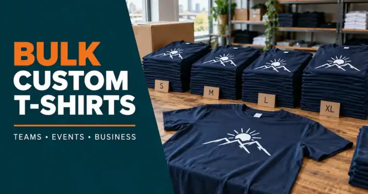 Stacks of navy printed T-shirts organised by size on a workshop bench beside a “Bulk Custom T-Shirts” headline.