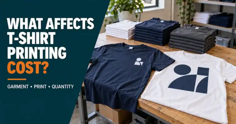 Navy and white printed T-shirts beside stacks of folded blanks, with the headline “What affects T-shirt printing cost?”