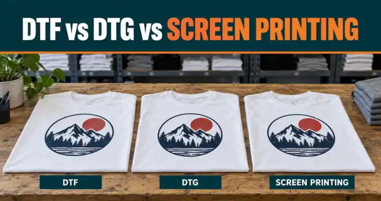 Three white printed T-shirts on a workshop bench, labelled DTF, DTG and screen printing.