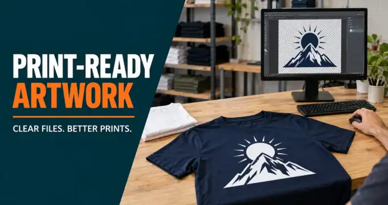 Mountain artwork displayed on a computer beside a navy printed T-shirt, with the headline “Print-ready artwork”.