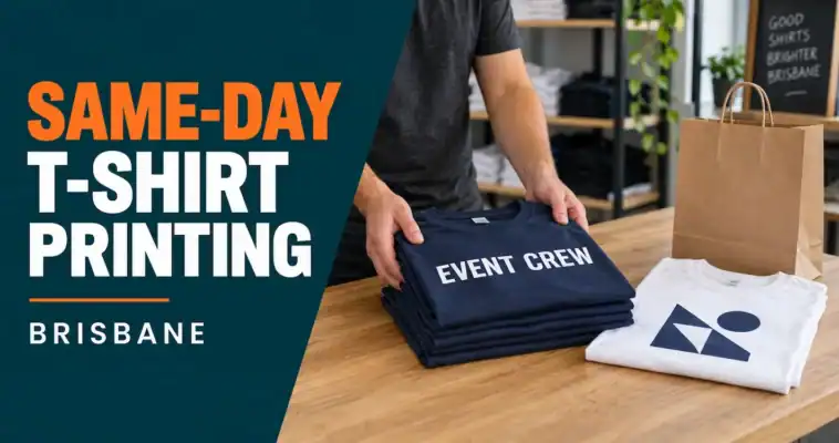 Worker preparing folded event crew T-shirts for collection beside a same-day T-shirt printing Brisbane headline.