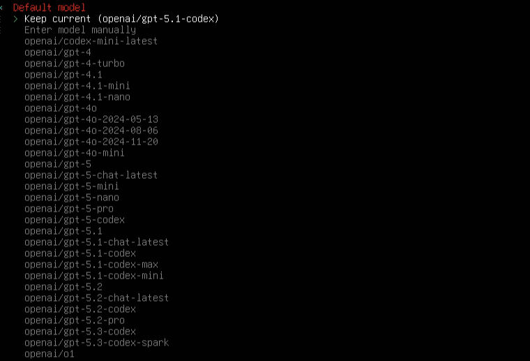 ターミナルウィンドウには、GPT-4、GPT-3.5、Codex、OpenClawの様々なバージョンを含む、利用可能なOpenAIモデルのリストが表示されます。デフォルトでは "gpt-5.1-codex "が選択されています。.