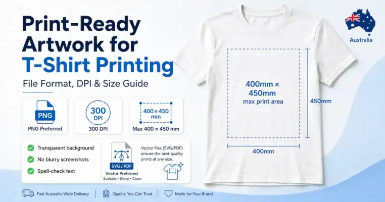 Print-ready artwork guide for T-shirt printing showing PNG, 300 DPI and 400mm × 450mm print area