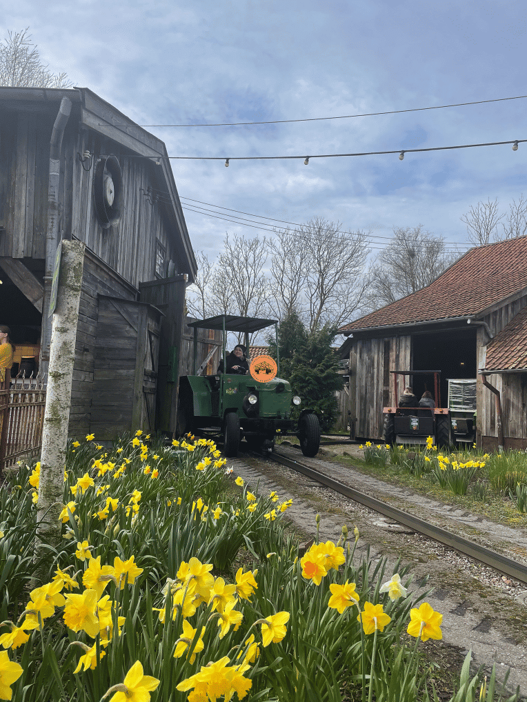 Kinder fahren auf der Traktorbahn im Karls Erlebnis-Dorf Warnsdorf