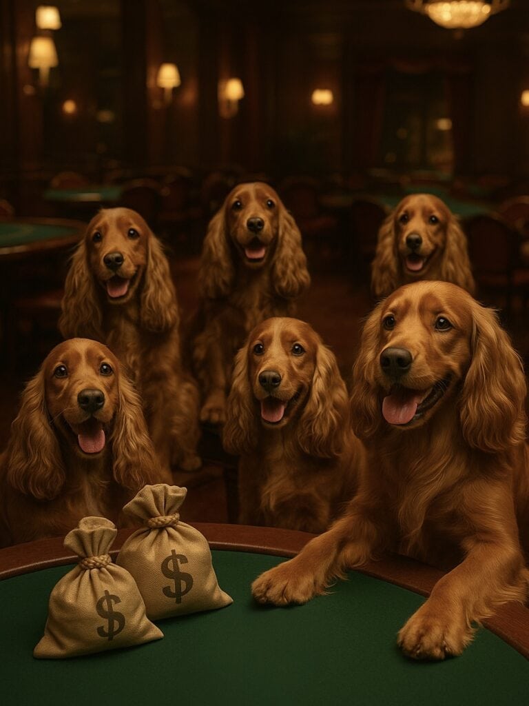 Ett gäng hundar som spelar på casino med swish och väntar på en utbetalning.