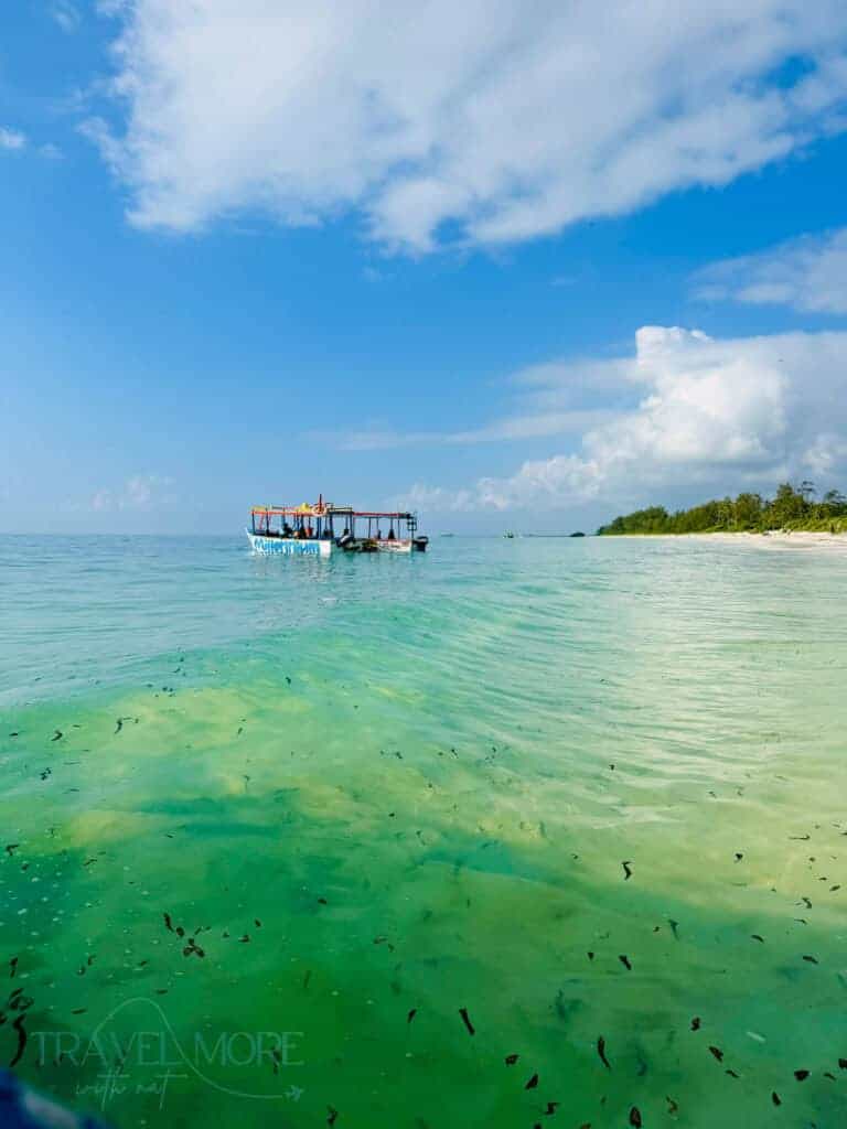 Things to do in Watamu, Kenya: 8 Breathtaking Experiences 4 A brightly painted boat floats on shallow turquoise water near a white sand beach under a vast blue sky. Taking a boat trip to explore Watamu Marine National Park is one of the top things to do in Watamu.