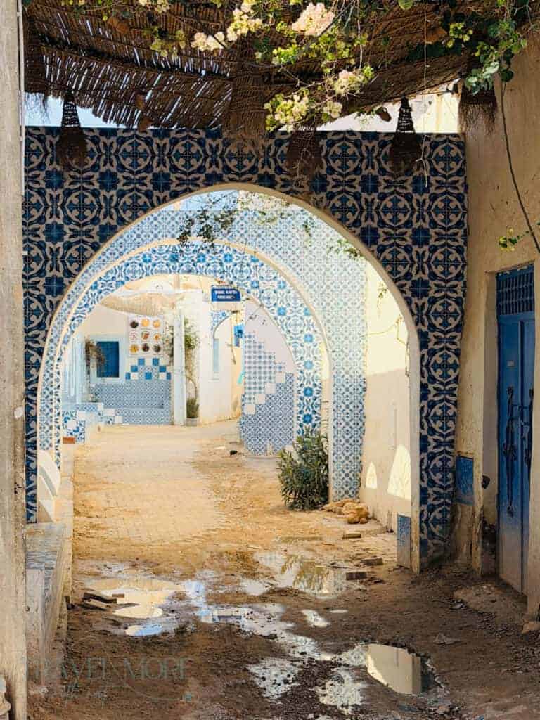 Sunlit passageway decorated with ornate blue-and-white tiles, a blue door, and hanging flowers.