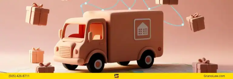 A 3D illustration of a delivery truck icon with a house graphic on its side, surrounded by floating gift boxes and a light blue network illustration. The background is a soft pink. The image footer has a yellow bar with "(505) 426-8711" on the left, a logo in the center, and "GranoLaw.com" on the right.