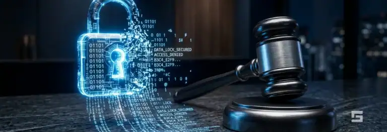 A dissolving digital padlock next to a legal gavel, illustrating how public AI platforms lack attorney-client privilege in New Mexico criminal defense cases.