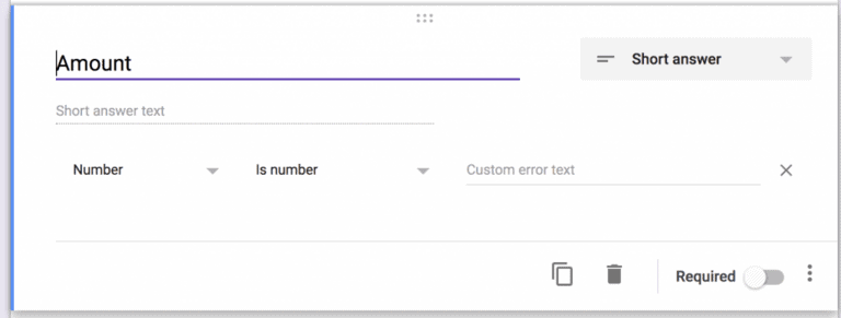 Screenshot how to create your amount value as a number in Google Forms for tracking daily spending.