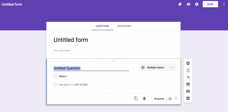 Screenshot of creating a new Google form and adding a title to the first question