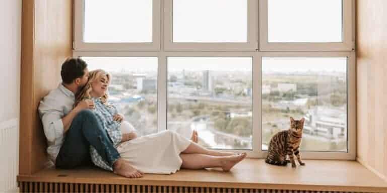 couple sitting on window seat with cat on other side