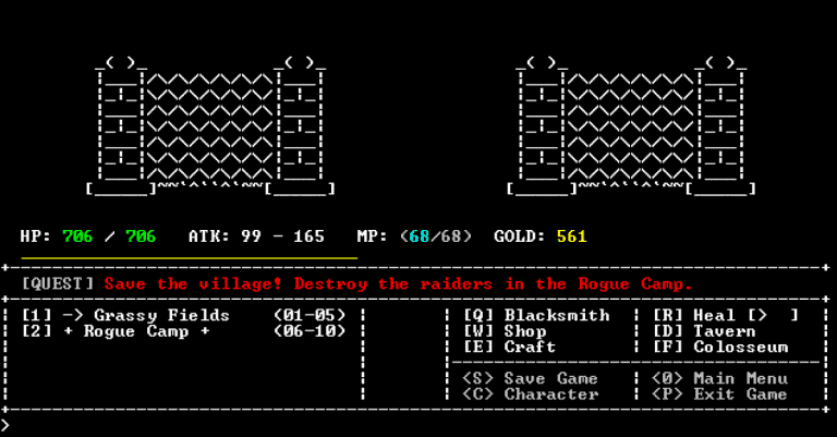An ASCII art styled RPG game screen showing options and stats: HP, ATK, MP, and Gold. A quest to Destroy the raiders in the Rogue Camp is listed. Options include locations like Grassy Fields, Blacksmith, and Tavern.
