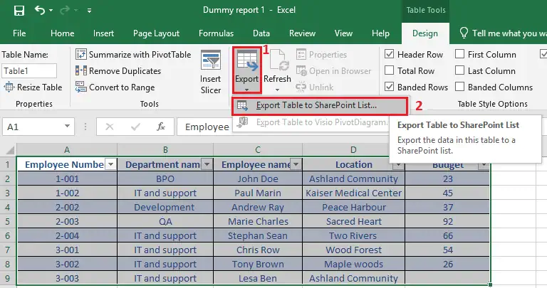 Export Excel Table to SharePoint List