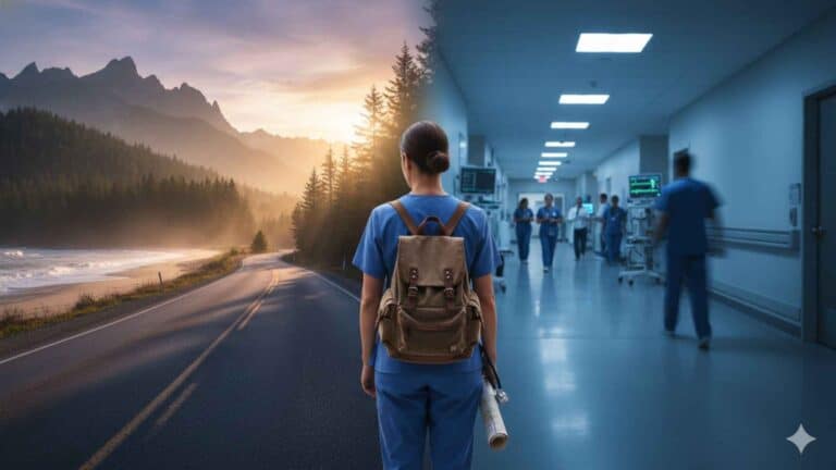 A travel nurse standing at a crossroads between a peaceful rural landscape and a busy hospital corridor, symbolizing career balance and stability through internal travel nursing contracts.