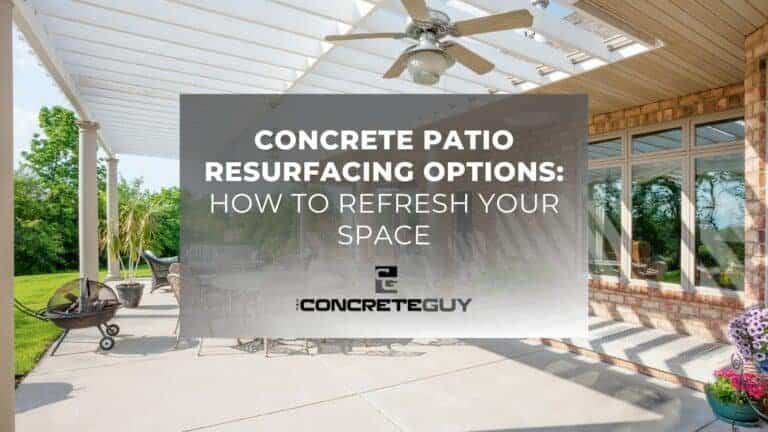 Concrete patio resurfacing options guide with outdoor furniture, pergola, and greenery, showcasing professional concrete services for enhancing outdoor spaces.