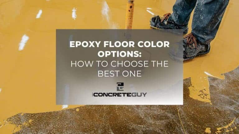 Epoxy floor color options guide with worker applying yellow epoxy, showcasing professional concrete services.
