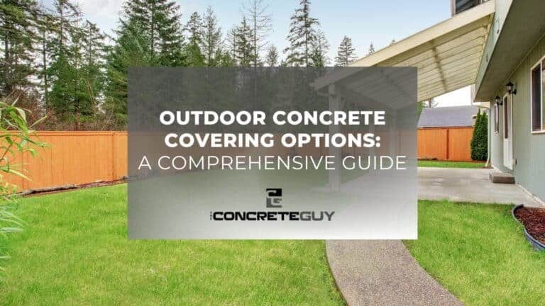 Outdoor concrete patio with comprehensive covering options guide, featuring a well-maintained lawn and modern house exterior by The Concrete Guy.