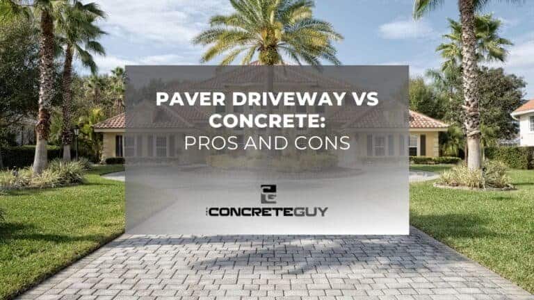 Paver driveway versus concrete comparison with pros and cons, showcasing a modern home entrance surrounded by palm trees.