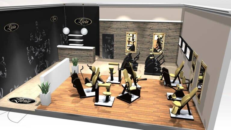Modern gym interior with exercise machines and mirrors