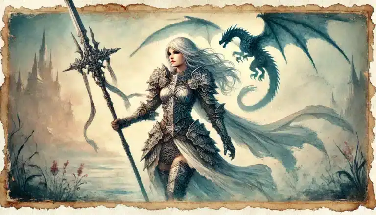 A warrior with long white hair stands in ornate armor, holding a spear. A dragon flies next to her, set against a misty fantasy landscape reminiscent of Pathfinder RPG and Dungeons & Dragons worlds, with distant castle spires and red flowers in the foreground.