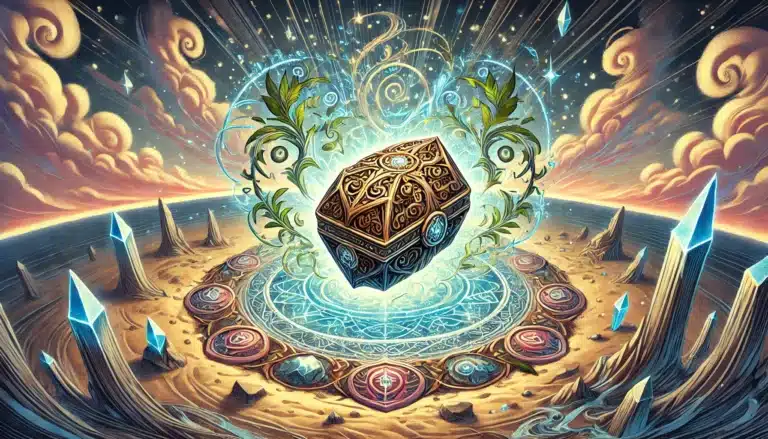 A floating, ornate box radiates energy in a mystical desert landscape. Hovering above a circular magic symbol, it evokes the enchanting realms of a fantasy tabletop RPG like Pathfinder. Crystals encircle it as swirling clouds and glowing stars fill the sky, creating an ethereal atmosphere.