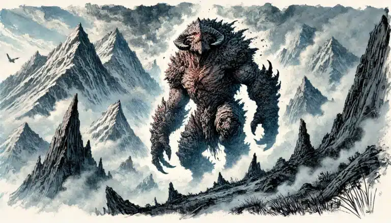 A massive, mythical creature with horns and fur stands amidst towering, jagged mountains. The sky is filled with swirling clouds and a bird flies nearby, echoing the dramatic landscapes of a Dungeons & Dragons adventure.