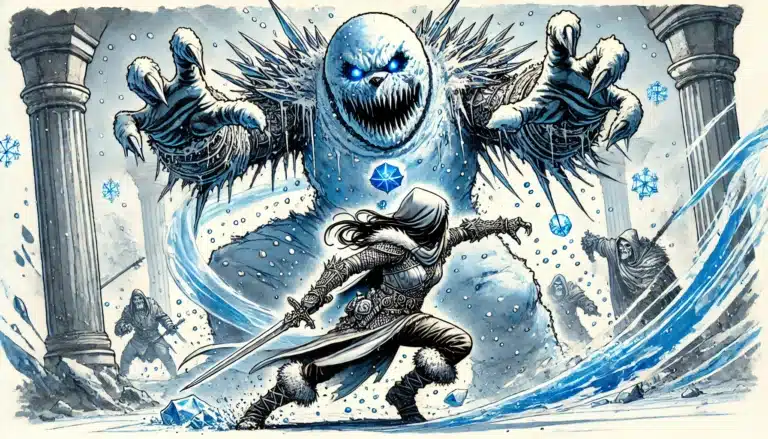 Amid swirling snowflakes, a fantasy battle unfolds as a warrior with a sword faces off against a giant snow creature with sharp teeth and glowing blue eyes. Set in an icy realm reminiscent of Pathfinder RPG adventures, pillars loom while other figures engage in the background.