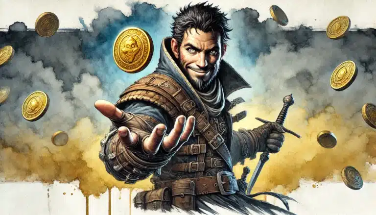 A rugged adventurer, embodying the essence of a Dungeons & Dragons hero, stands with a beard and leather armor, sword in hand. As gold coins float around him against a smoky backdrop, he extends his hand towards the viewer, inviting them into this fantasy realm.