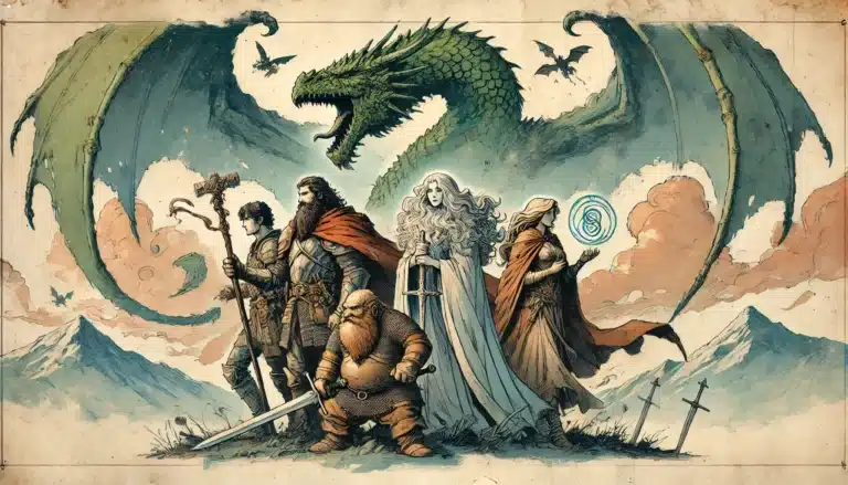 In a stunning fantasy illustration reminiscent of a classic tabletop RPG, a diverse group of adventurers—a warrior, mage, dwarf, and cleric—stand united. Behind them looms a massive green dragon with outstretched wings set against majestic mountains. Swords lie scattered on the ground.