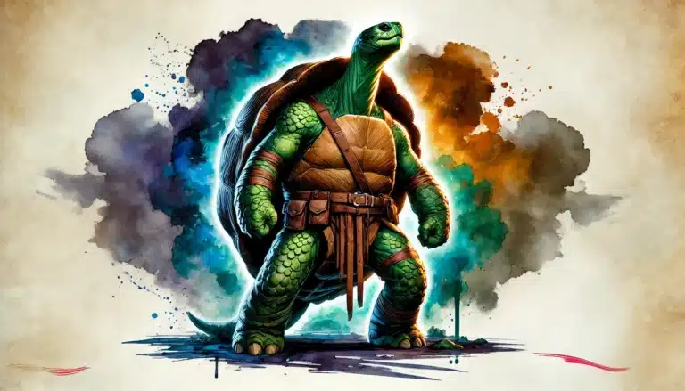 A muscular anthropomorphic turtle stands confidently, wearing a brown belt and wristbands, reminiscent of a fierce adventurer in an epic tabletop RPG. The background features splashes of various colors—blue, brown, and orange—adding an artistic and dynamic effect.