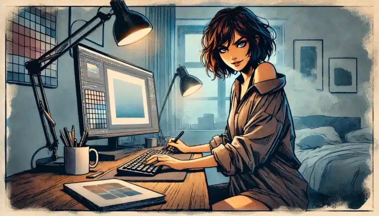 Illustration of a woman with short hair using a graphics tablet at a desk with a large monitor, crafting DND fantasy landscapes. Shes surrounded by art supplies, a coffee mug, and warm lighting from desk lamps, creating a cozy workspace.