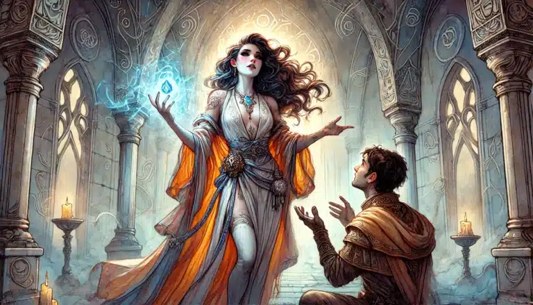 In a scene straight from a DND campaign, a mystical woman in flowing robes casts a spell, emitting blue light. She stands in an ornate hall with glowing symbols, while a kneeling man reaches out to her. Flickering candles illuminate this fantastical TTRPG setting.