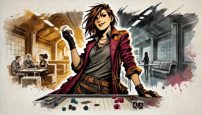 A confident character with short hair and a red coat stands at a gaming table for a tabletop RPG, dice scattered across the grid. In the cozy backdrop, people chat energetically. The scene bursts with dynamic, comic book style flair and contrasting warm and cool tones.