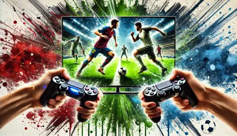 Two hands grip game controllers as a screen displays an intense soccer match, reminiscent of a fantasy quest. The vibrant background, with splashes of green, blue, and red, captures the action and excitement echoing the thrill of a high-stakes DND adventure.