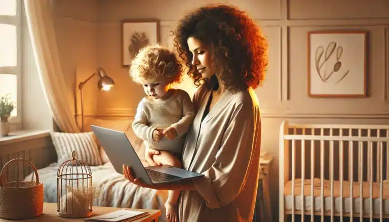 A woman with curly hair holds a toddler while navigating her laptop in a cozy, warmly lit bedroom. With a Pathfinder RPG manual beside the wooden crib and decorative wall art, she immerses herself in fantasy worlds. A wicker basket and decorative grass rest on the table, adding charm.