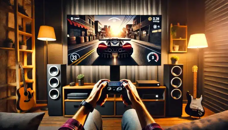 In a cozy room with warm lighting, a person sits on the couch playing a racing video game on a large TV. Surrounded by shelves and speakers, their hands grip the controller as they navigate through a fantasy cityscape at sunset, merging elements of tabletop RPGs into the adventure.