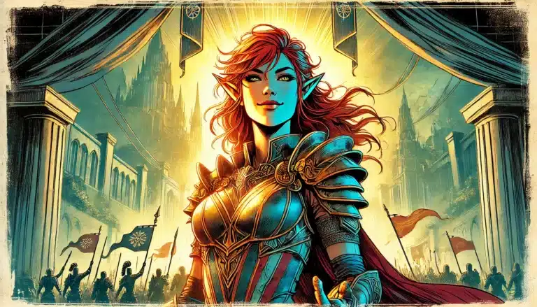 A red-haired elf warrior in ornate armor stands confidently, embodying a classic Dungeons & Dragons scene with her hand extended. Set against a sunlit procession, cheering crowds and castle-like structures fill the background as banners wave, illuminated by the golden light.