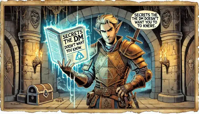 A fantasy elf warrior, steeped in the world of tabletop RPGs, holds a glowing book titled Secrets the DM Doesnt Want You to Know. He stands in a dungeon with arched ceilings, skeletal statues, and a treasure chest. A speech bubble echoes the books title: DND secrets revealed.