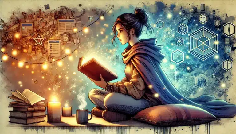 A person sits cross-legged, delving into a fantasy book by candlelight. They wear a scarf and have a bun. A cup is beside them. The background features digital icons, geometric shapes, and floating papers, crafting a magical atmosphere reminiscent of Dungeons & Dragons adventures.