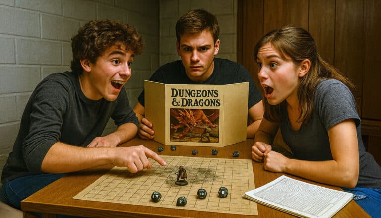 Three people sit around a table, immersed in the niche game of Dungeons & Dragons. They look excited and focused, surrounded by a game board with miniature figures and dice. A D&D screen and character sheet enhance their digital-free adventure.