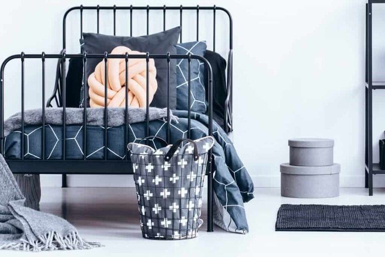 photo of a modern vintage bed next to grey box