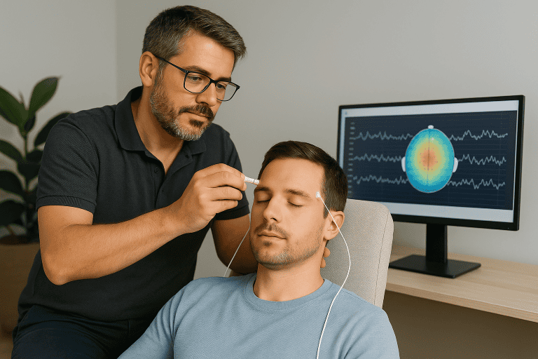 David Díaz aplicando electrodos en una sesión de Neurofeedback para el tratamiento de adicciones