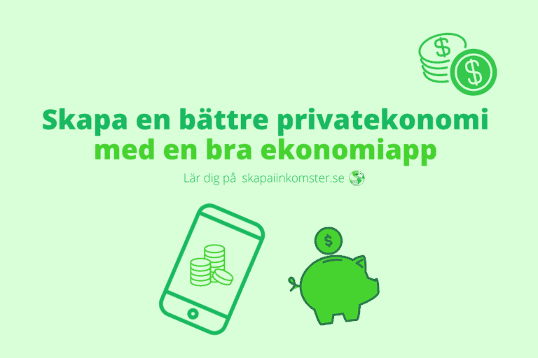 Skapa en bättre privatekonomi med en bra ekonomiapp , skrivet i två olika gröna färger tillsammans med fyra ekonomi symboler. Bilden har en ljusare grön färg som bakgrund.