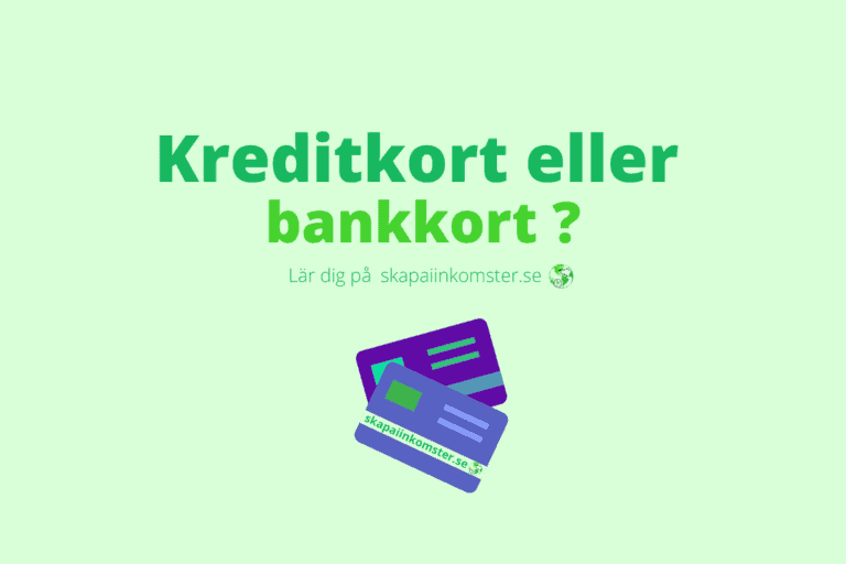 Kreditkort eller bankkort skrivet i två olika gröna färger tillsammans med ett lila bankkort och ett ljusare lila kreditkort. Bilden har en ljusare grön färg som bakgrund.