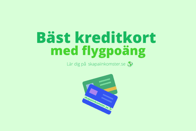 Bäst kreditkort med flygpoäng skrivet i två olika gröna färger tillsammans med ett grönt och ett lila kreditkort. Bilden har en ljusare grön färg som bakgrund.